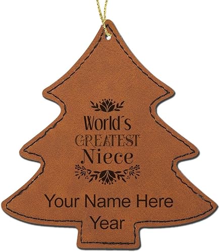 Miniatura 7 de LaserGram Adorno de Navidad de piel sintética, la sobrina más grande del mundo, grabado personalizado incluido (negro con plata, árbol) Negro con