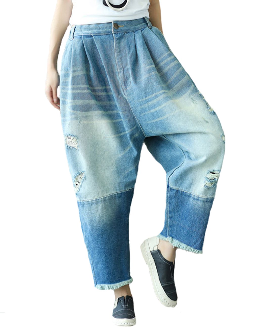 SUGIRLS Women's Casual Loose Distressed Ripped Hole Drop Crotch Harem Jeans Pants with Pockets Style 4