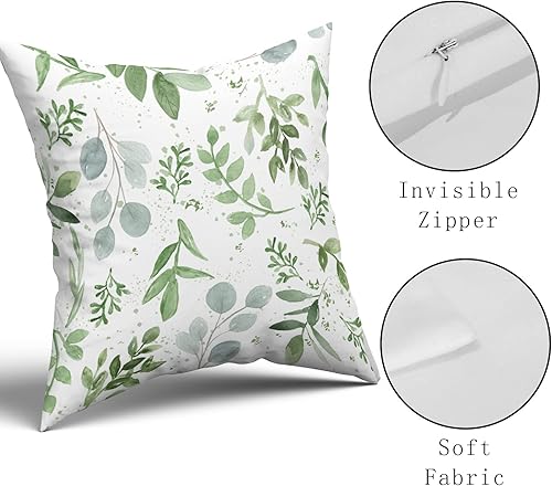 Miniatura 3 de Juego de 2 fundas de almohada de color verde salvia de 16 x 16 pulgadas, fundas de almohada cuadradas de algodón suave con estampado de hojas para