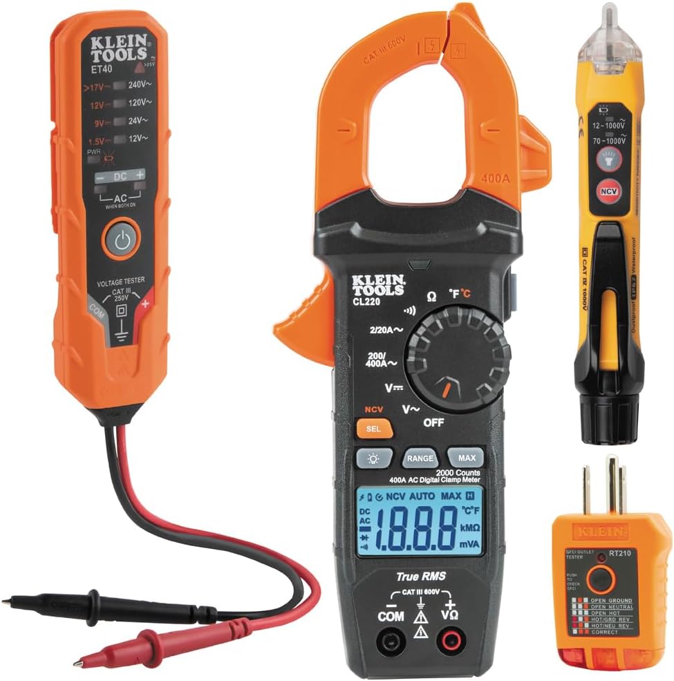 Klein Tools CL220VP Electrical Test Kit with Digital Clamp Meter, Non-Contact Voltage Test Pen, GFCI Outlet Tester, AC/DC Voltage Tester