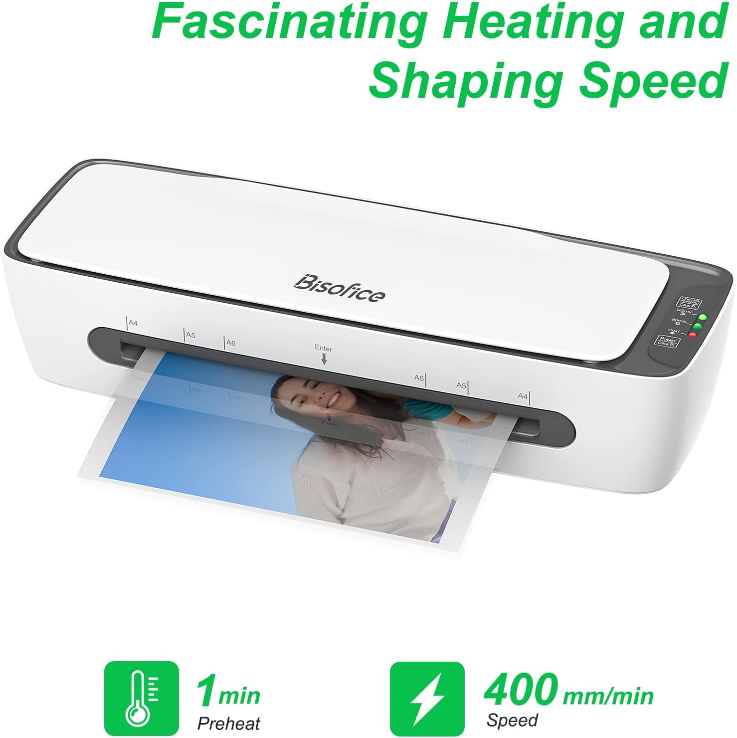 Laminator with 1 minute preheat and 400 mm per minute speed