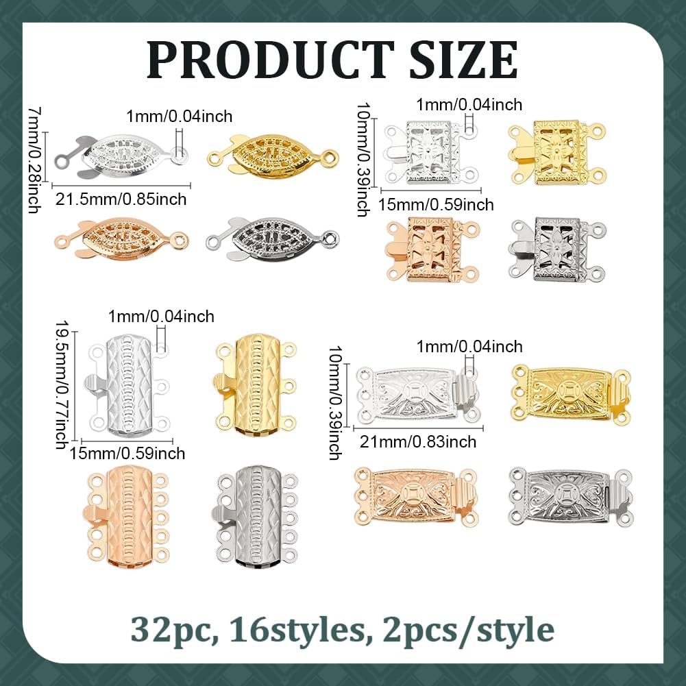 32Pcs 16 Styles Filigree Pearl Clasps 304 Stainless Steel Multi-Strand Box Clasps Rectangle Flower Fish Necklace Clasps Bracelet Connectors for Layered Necklaces Bracelet Jewelry Making - Image 2