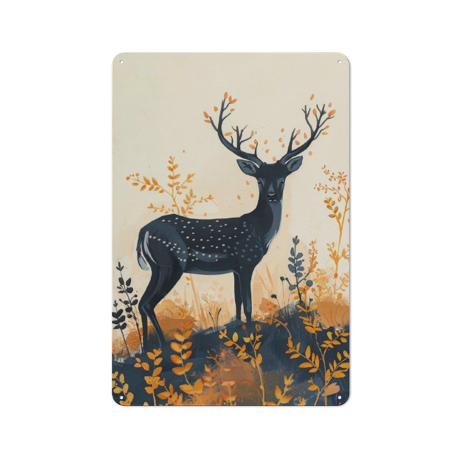 Junmoney Black Spotted Deer In Autumn Metal Plaque 30X20cm With For Hallway Wall, Rustic Decor, For Garage, Workshop And Man Cave Decoration