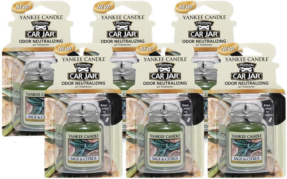 Yankee Candle Car Air Fresheners Hanging Car Jar Ultimate Odor Neutralizing Scent, Sage & Citrus, 6 Packs