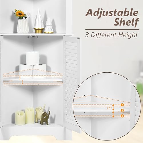 Miniatura 6 de Tangkula Armario de almacenamiento de esquina para baño, gabinete de colección alto independiente con 3 estantes abiertos, organizador de