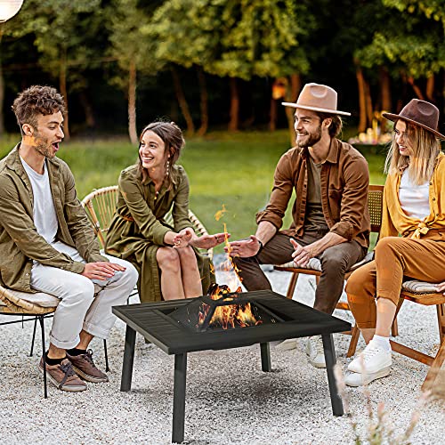 Outsunny 34" X 32" Outdoor Fire Pit Table Bbq Grill, Portable Wood Burning Fireplace, Camping Firepit With Cooking Grate, Spark Screen, Poker, And Rain Cover, Black #TOP1