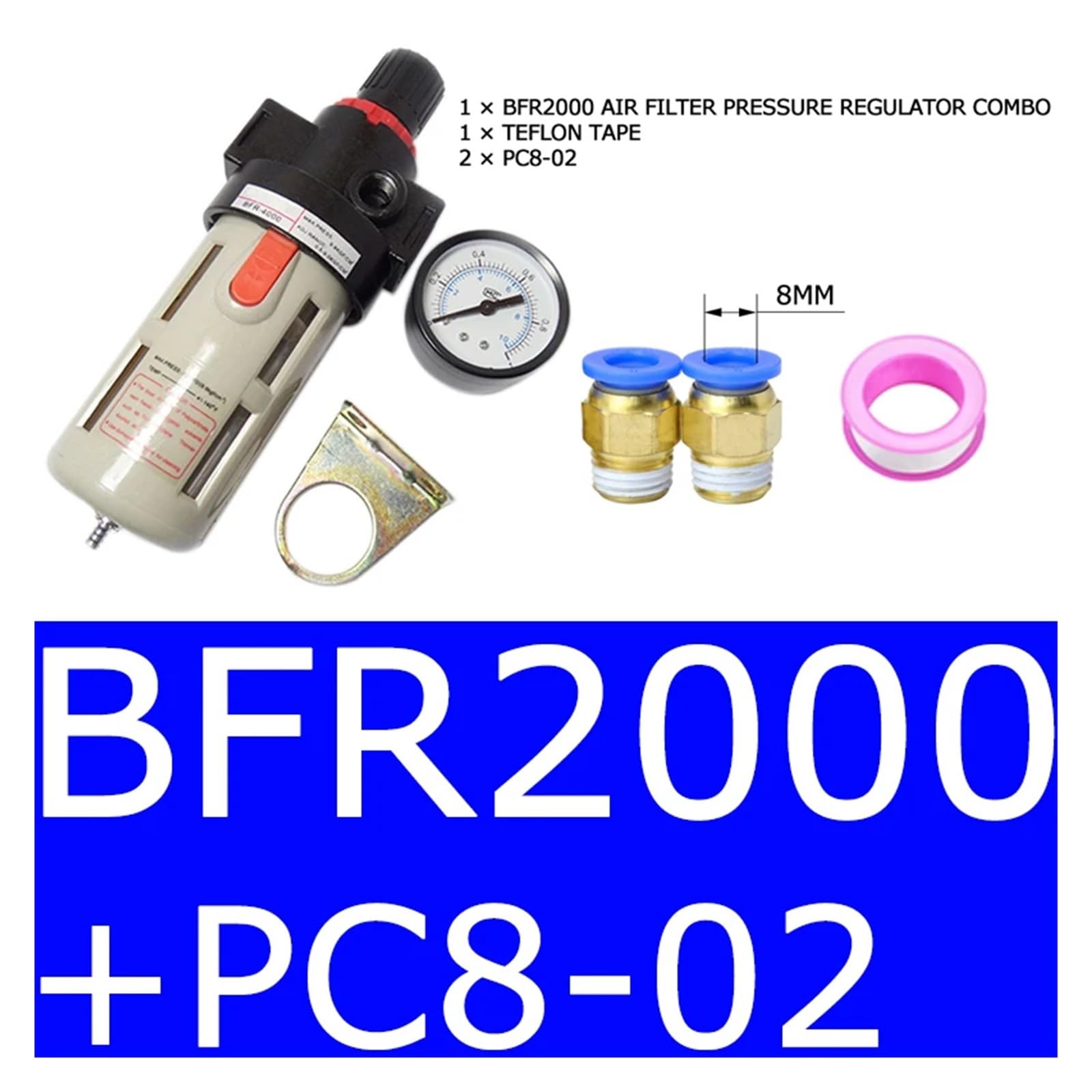 BFR2000 BFR3000 BFR4000 Unidad de tratamiento de fuente neumática filtro de aire filtro regulador de presión con manómetro accesorios separadores de aceite(BFR200 PC8-02)