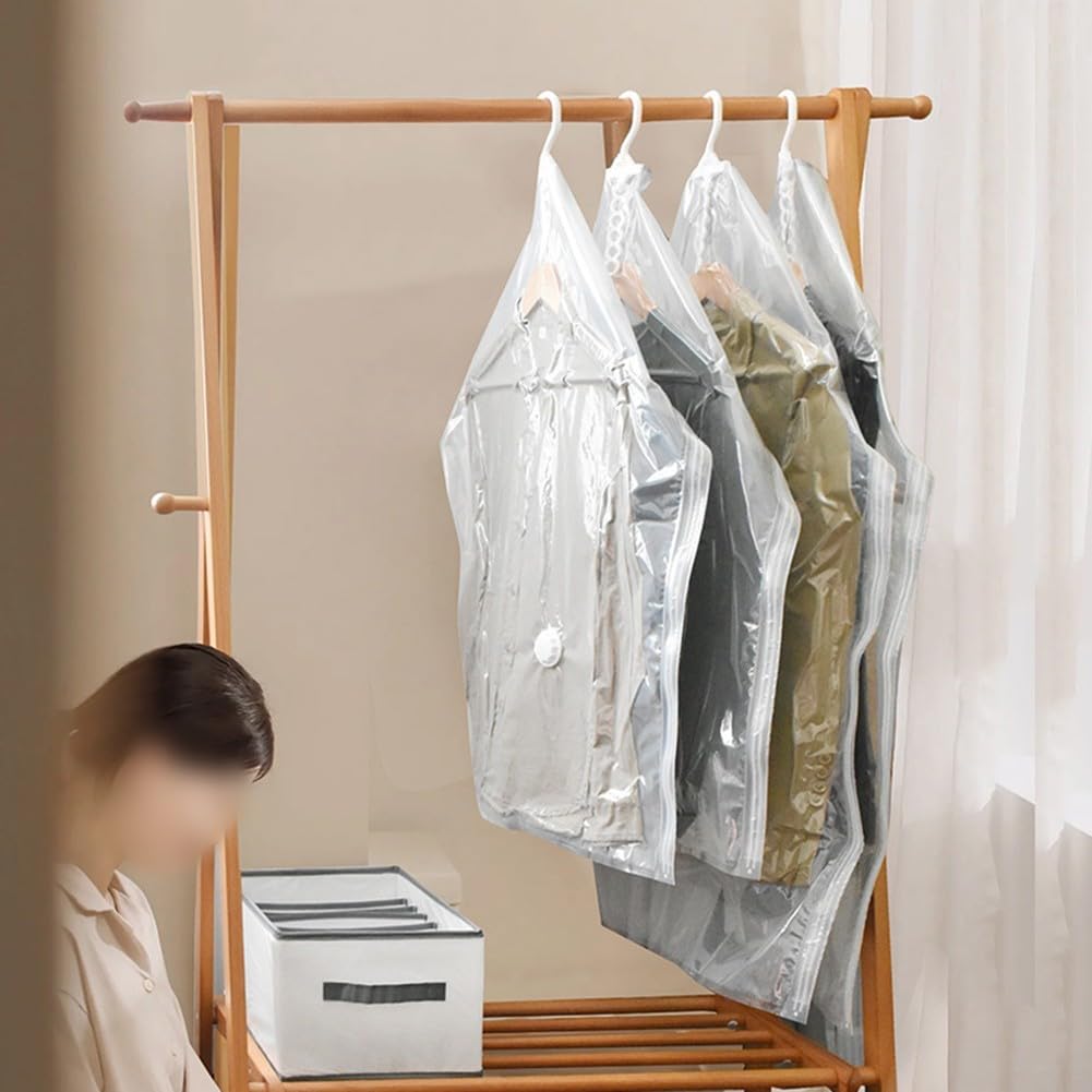 Sacchetti sottovuoto da appendere con pompa elettrica, confezione da 4 sacchetti di compressione salvaspazio per vestiti, abiti, giacche, abbigliamento invernale da viaggio, trasparenti