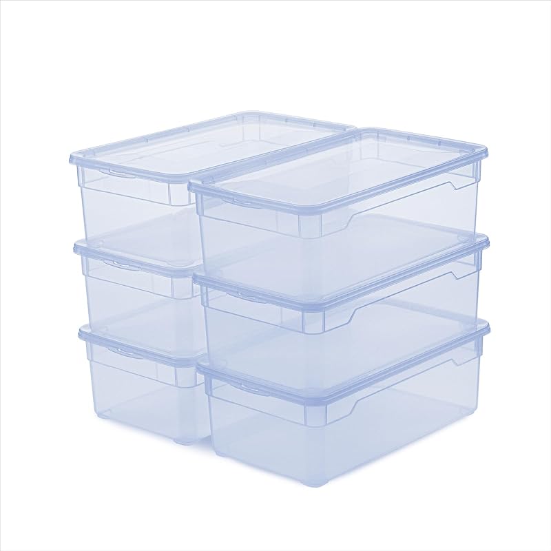 Set 6 cutii de depozitare Rotho Clear, 5 L, transparente, cu capac, stivuibile, albastru