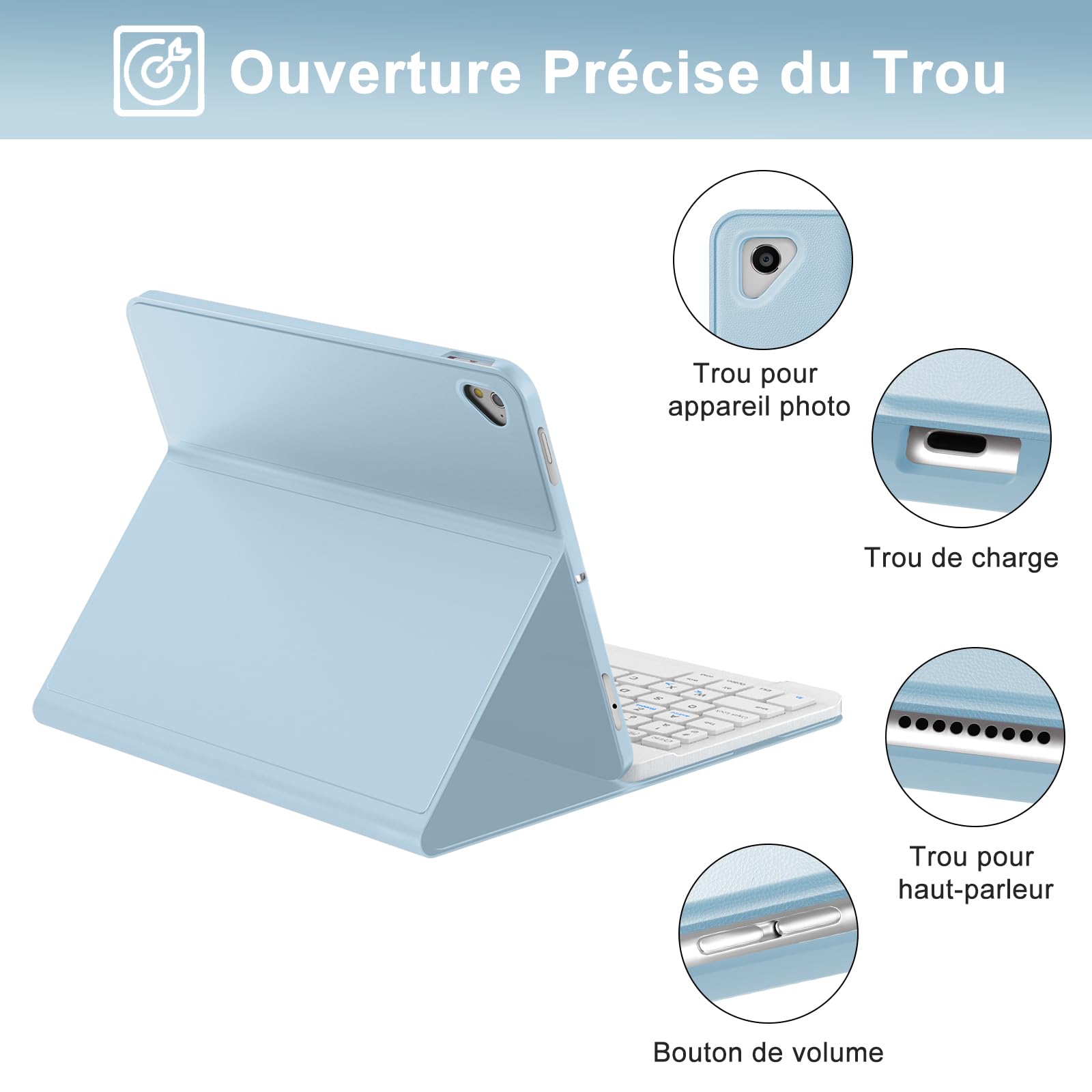 Coque Clavier pour iPad 6e/5e Génération 9.7 Pouces, AZERTY Français Housse Clavier Bluetooth Magnétique Détachable avec Porte Crayon pour iPad 2018/2017 9.7", Air 2/1, Pro 9.7 2016, Bleu Ciel