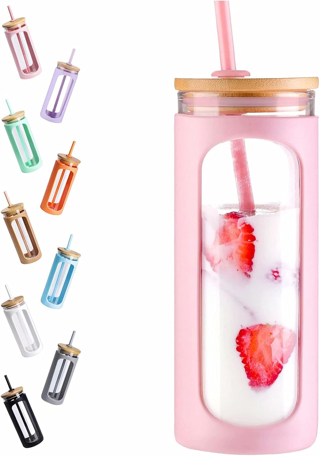 Kodrine 20oz Glass Water Tumbler with Straw and Lid, Bamboo Lids Water Bottle, Iced Coffee Cup Reusable, Wide Mouth Smoothie Cups with Protective Silicone Sleeve BPA FREE-Pink 20oz-Pink 20 Ounces