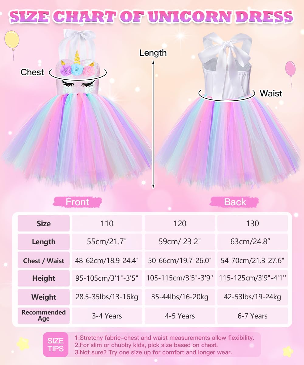 TOLOYE Disfraz Princesa,Vestido Tul Unicornio Infantil con Venda y Collar Set,Disfraz Unicornio Niña para Cumpleaños Fiesta Halloween Navidad Carnaval Cosplay - 3