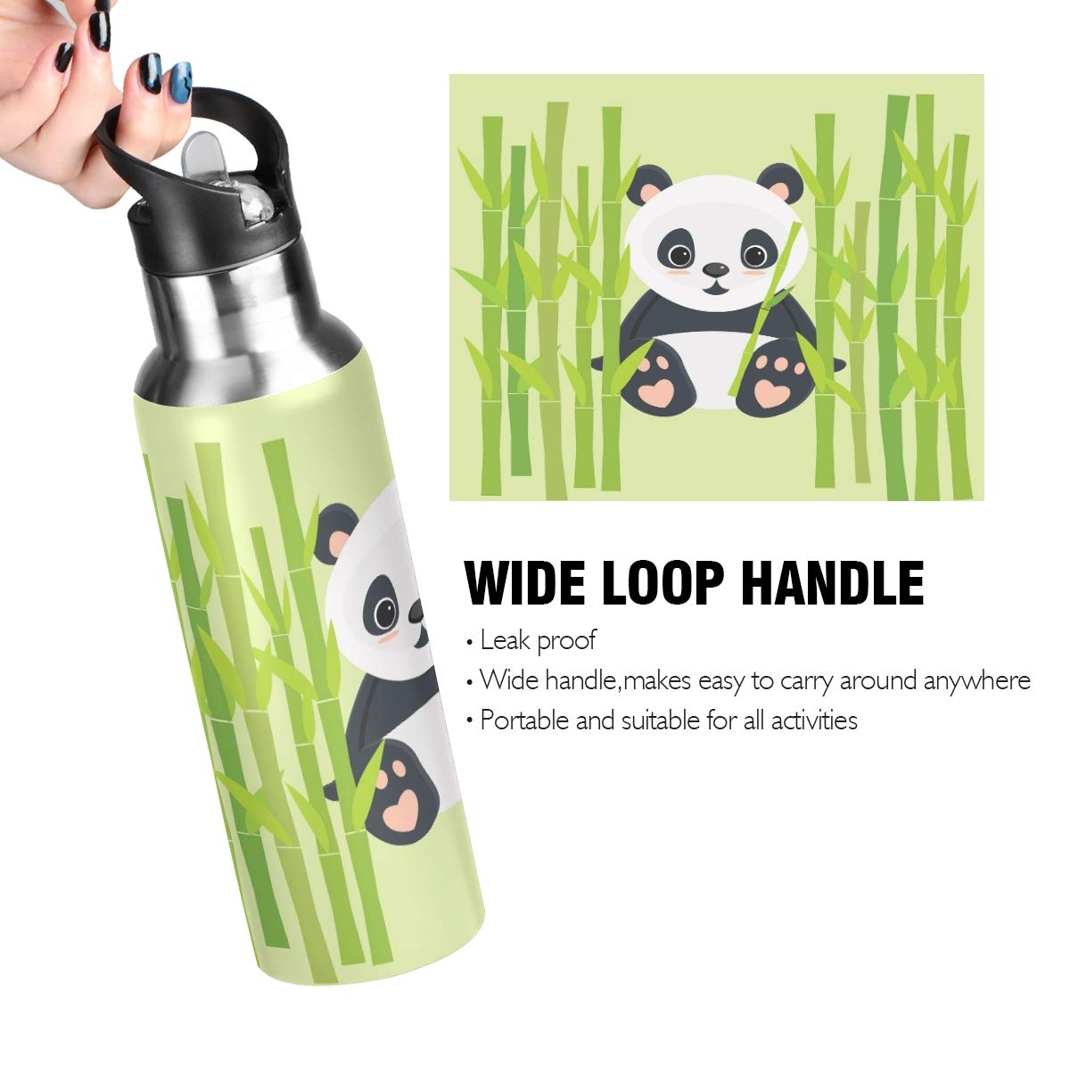 Pink Panda - Borraccia per bambini con cannuccia, senza BPA, in