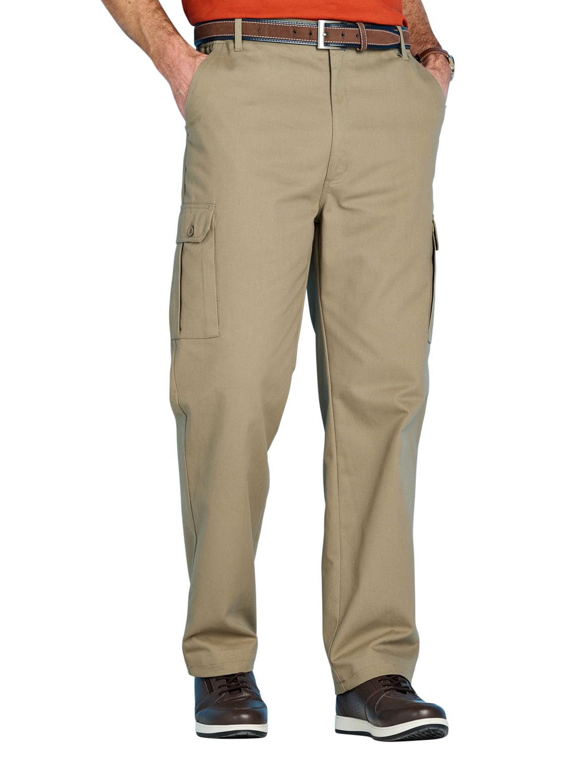 Chums Men's Khaki Cotton Cargo-Style Trousers With Side Elastic Waist, Functional And Comfortable Smart Casual Outdoor Pants 40W / 31L