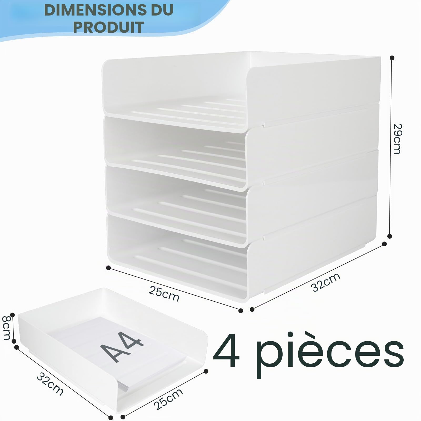 Lot de 4 Corbeille a Courrier Empilable - Bac a Courrier A4 en Plastique Pet Blanc - Rangement Bureau Organisateur - Banette Bureau