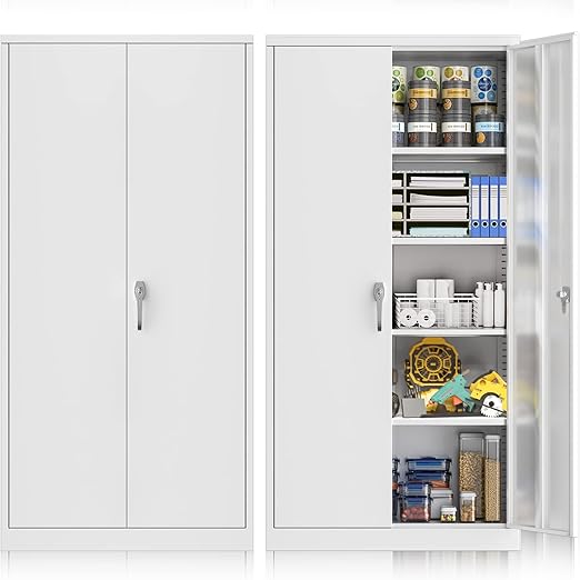 Superday 71" Lockable Steel Storage Cabinet, Locking Metal Storage Cabinets, Tall White Cabinet with 2 Doors and 4 Adjustable Shelves for Garage, Home Office, Pantry, File, Easy Assemble