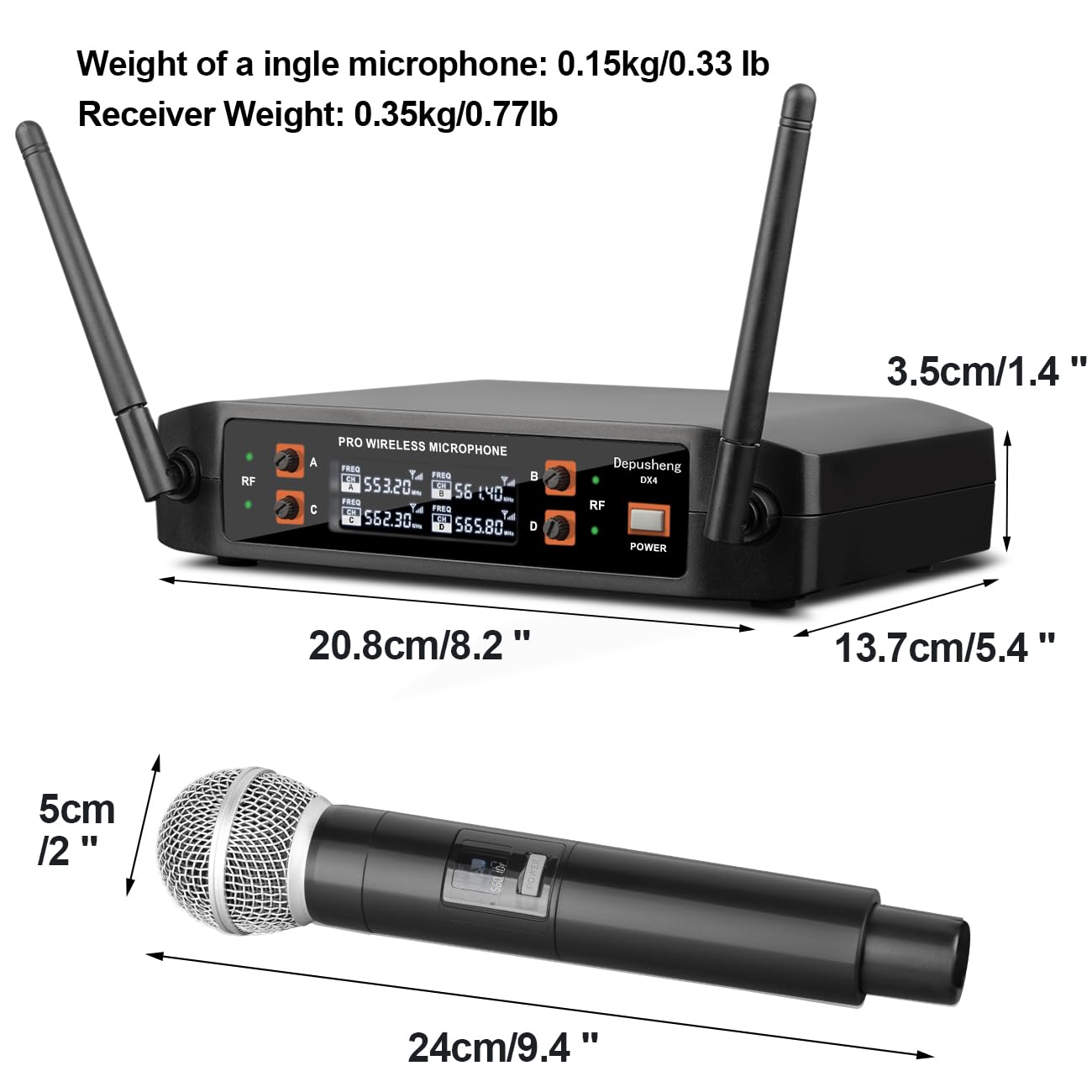Depusheng Système de microphone sans fil, microphone sans fil à 4 canaux, microphone sans fil à fréquence fixe avec 4 microphones à main dynamiques, portée de 50 m, microphones pour la voix