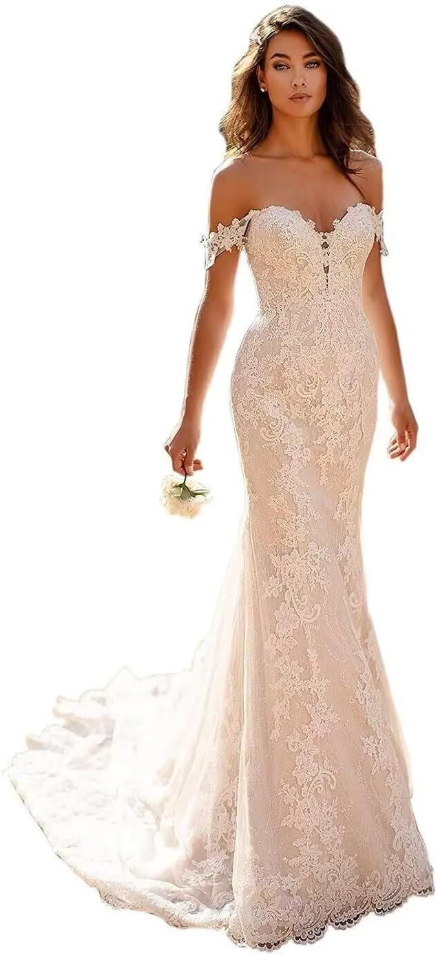 Lace mermaid wedding dress with train long sleeve tulle