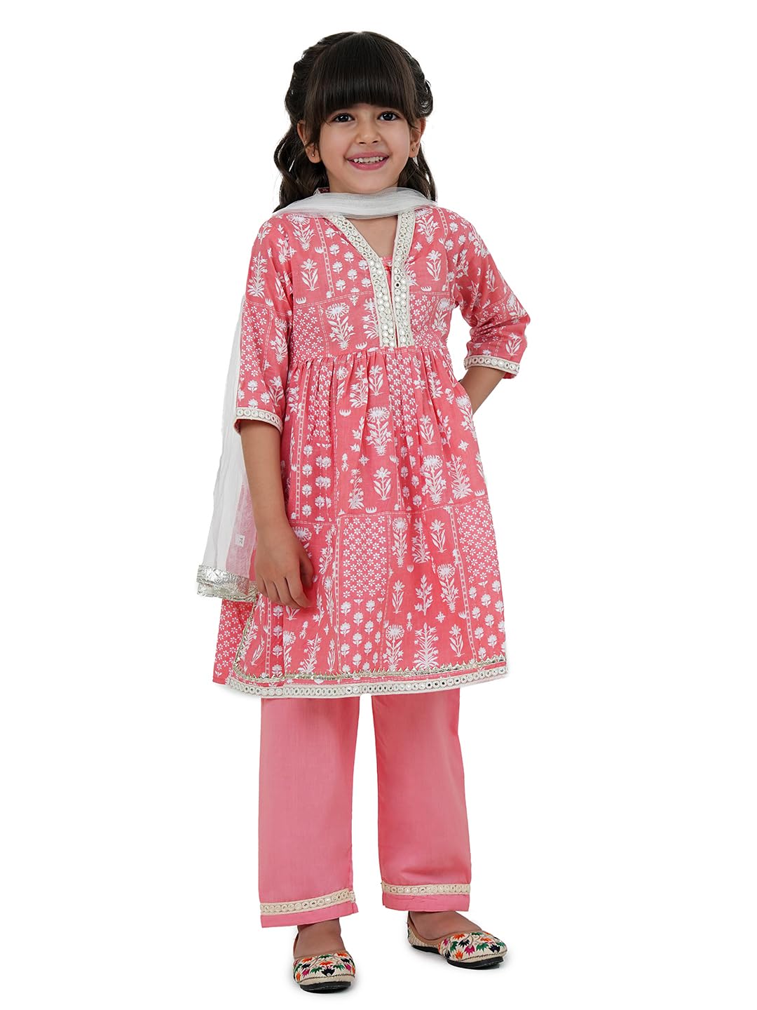 AJ DEZINES Kids Cotton 3/4th Sleeve Kurta Sharara Set for Girls - Ethnic Wear | Festival Wear - Floral Printed, Regular Fit