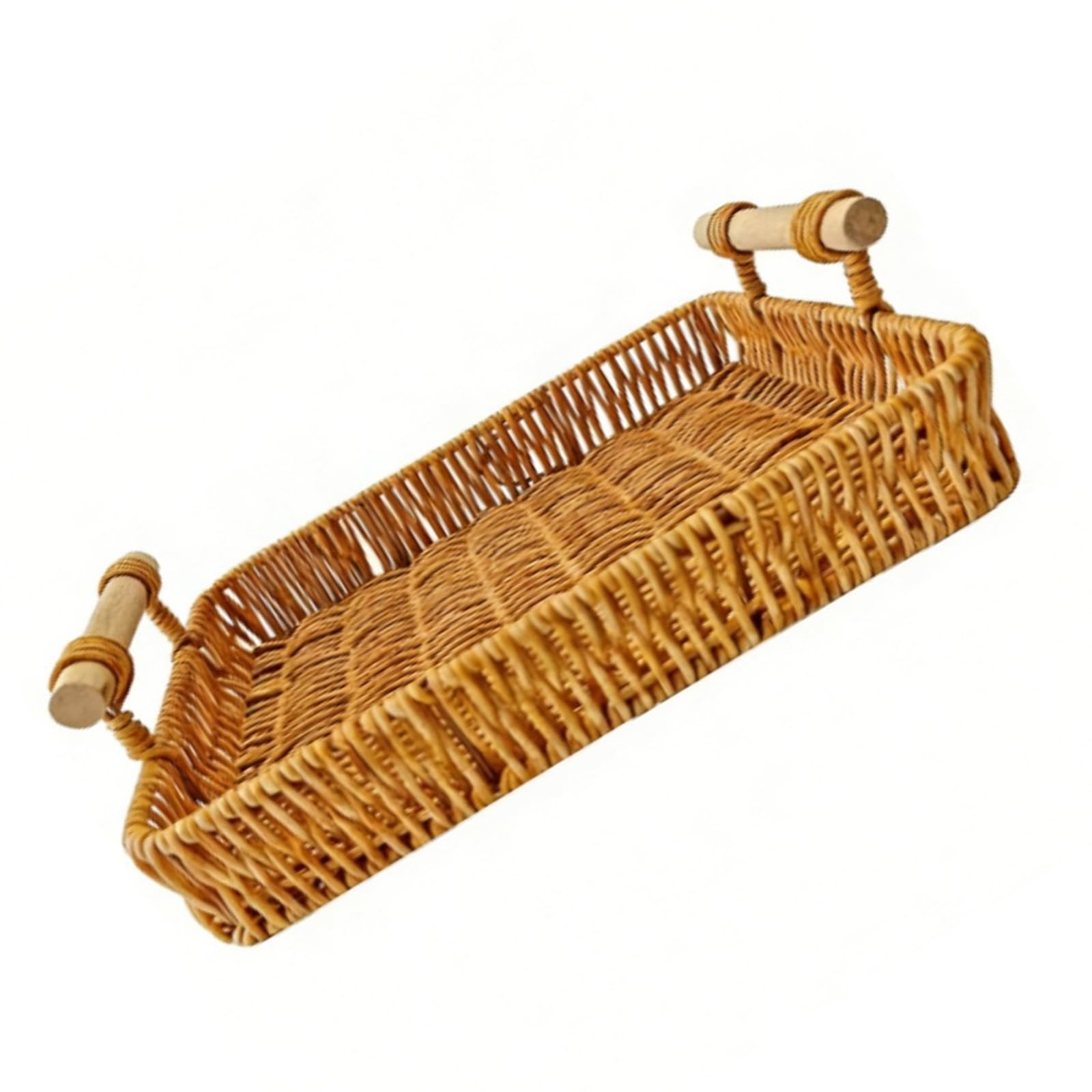 Oxxggkao Home Storage Handwoven Basket Tray Rectangular Polyethylene Rattan Look Design with Wooden Handles for Everyday Small Items Bathroom Basket