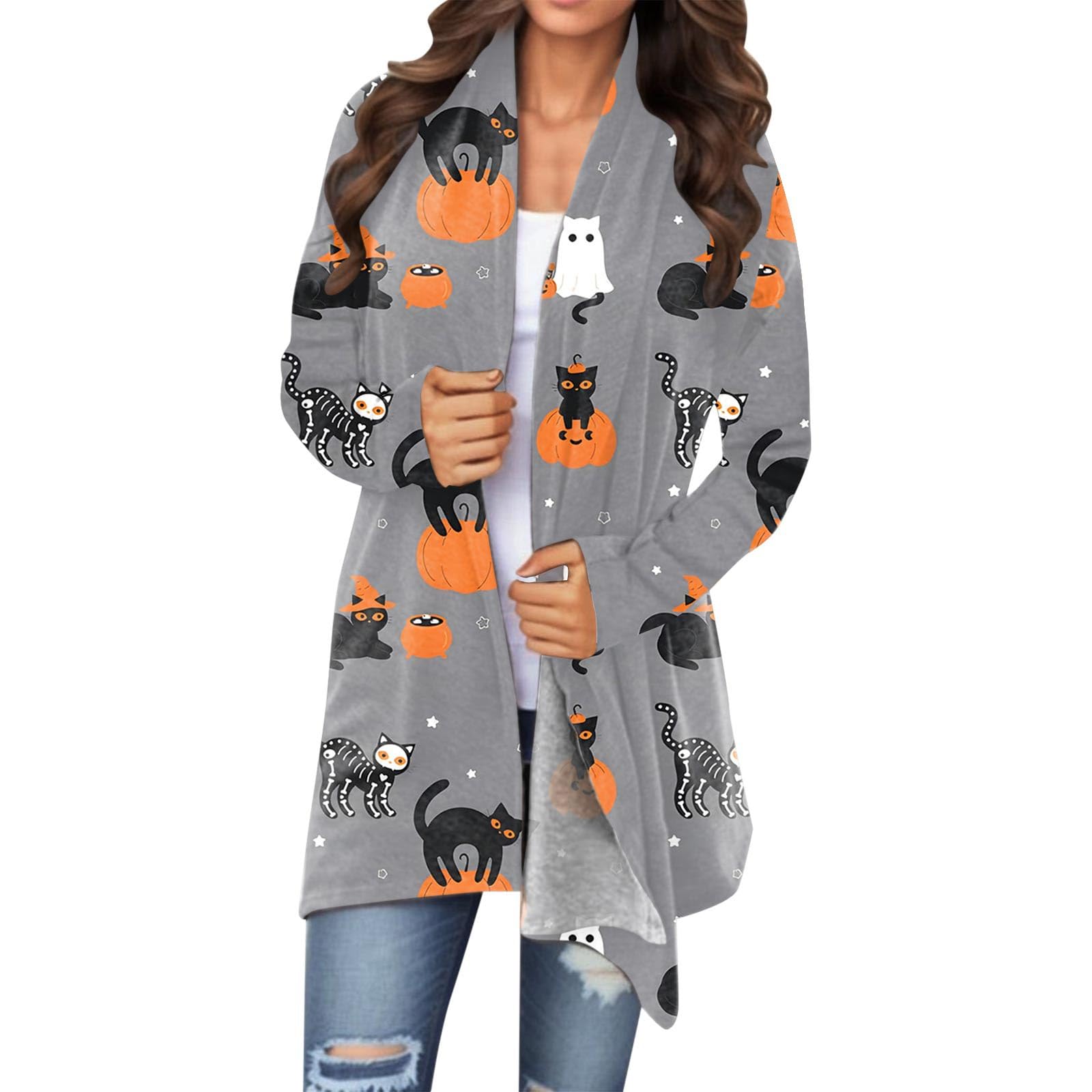 Women's Halloween Cardigan Casual 2023 Fashion Long Sleeve Open Front Skull Print Knitting Cardigans