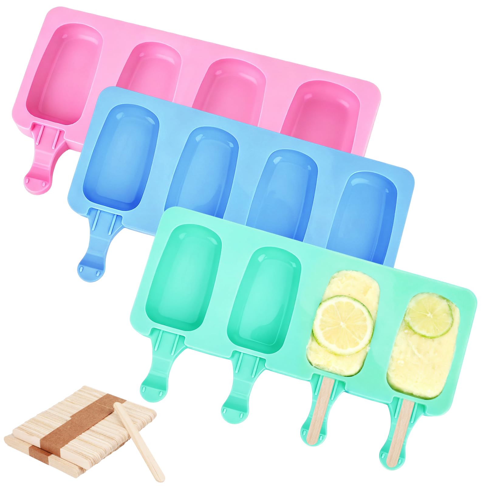Photo 1 of 3 Set Small Silicone Popsicle Molds Ice Cream Mould 4 Cavity Ice Lolly Mold Oval Cake Pop Mould with 150 Pieces Wooden Sticks for DIY Cream Popsicle Cake, Pink Blue Green