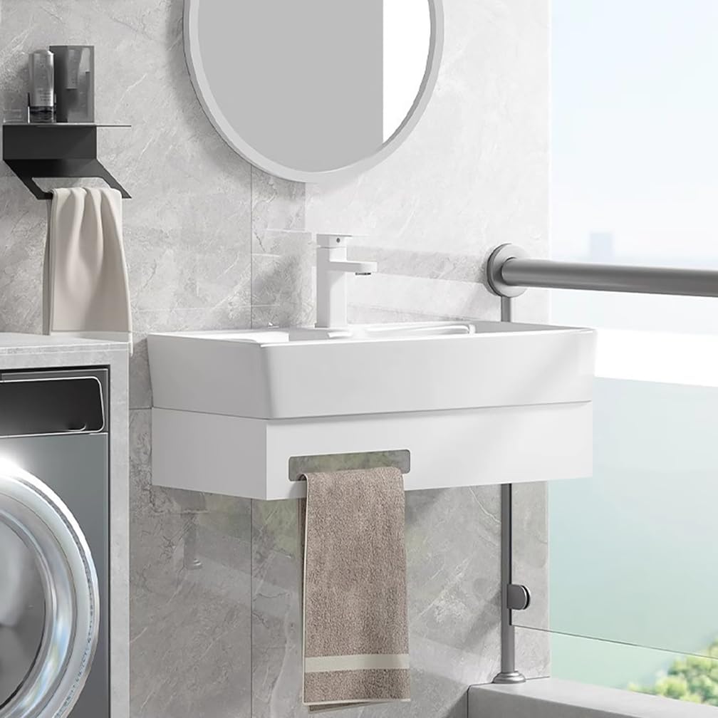 Large Wall Mount Bathroom Vessel Sink with Stainless Steel Bracket Rectangular Floating White Porcelain Ceramic Wash Basin with Tap&Drain for Tiny Home RV,White,L70*H28.5*W39