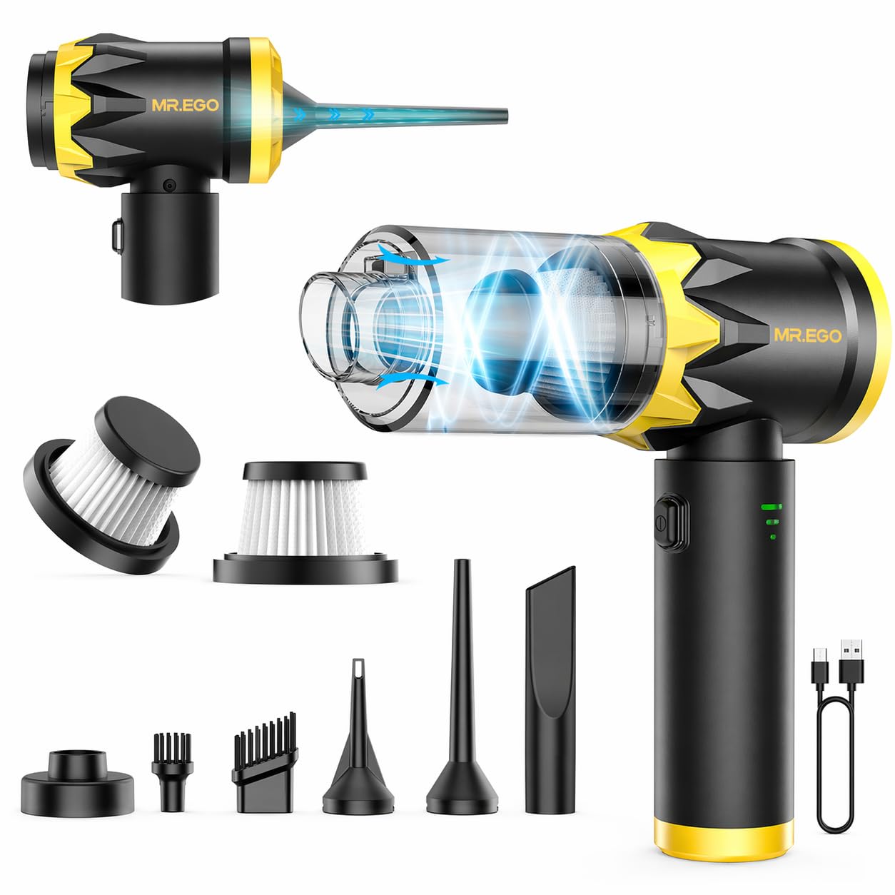 Mr.ego Car Vacuum Portable Cordless, 22000Pa Handheld Vacuum and Air Duster | 126000RPM Brushless Motor, 35-Min Runtime, 4-in-1 Versatility, Multi-Nozzle Mini Detailing Vacuum for Car, Home