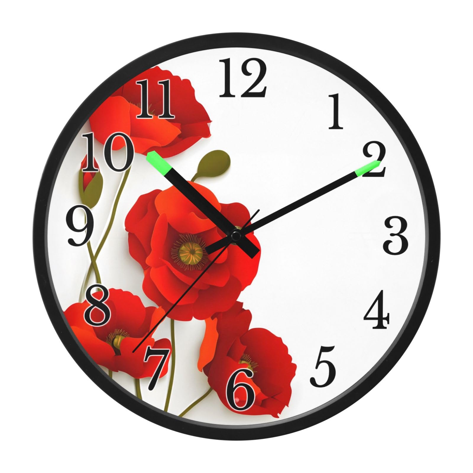 Mnsruu Reloj de pared luminoso con diseño de amapola roja y flores blancas, reloj de pared que brilla en la oscuridad, funciona con pilas, silencioso, sin tictac, luz nocturna para dormitorio