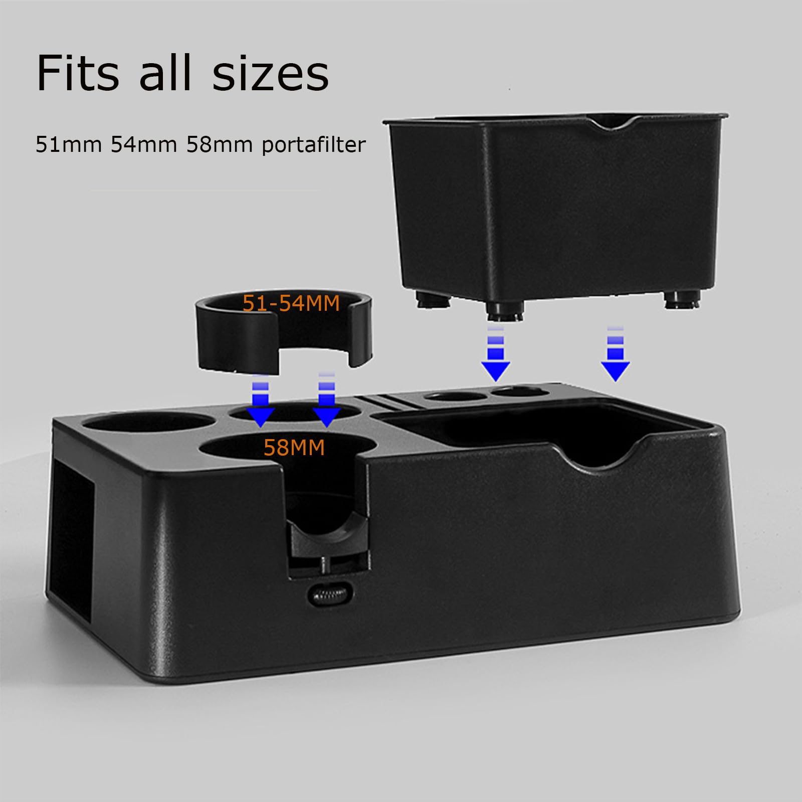 Estación de tamping café de 51 mm, 54 mm, 58 mm, para portafiltros, función 10 en 1, estación de tamping de para accesorios de barista, caja extraíble para espresso Knock Box (Black)
