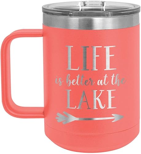 Life is Better at the Lake Coral Taza de café de 15 oz con tapa deslizante Taza de café de viaje aislada Ideas de regalo únicas de mujeres u
