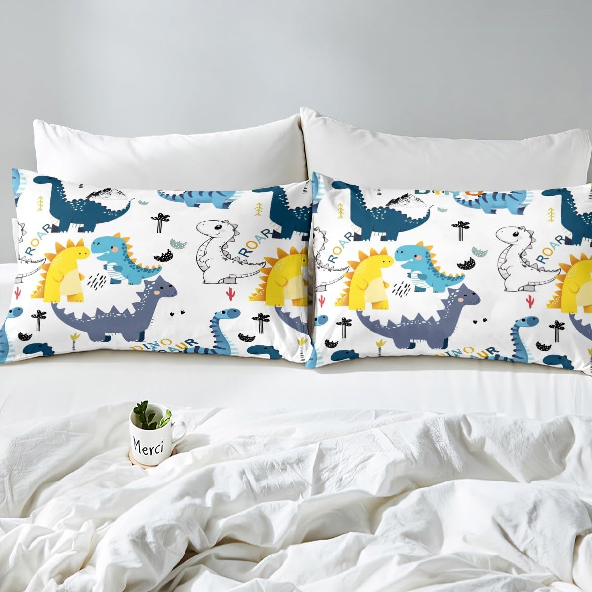 Cute 3D Dino Full Size Fitted Sheet No Top Sheet,Jungle Dino Wild Animal 3 Pieces Kids Teenager Room Decor Cute Dinosaur Pocket 2 Pillowcases