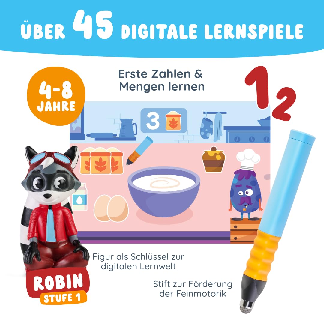 Edurino Starterset Robin Zahlen & Mengen ab 4 Jahren - Stufe 1 inkl. Eingabestift | Zahlen 0-10 | Erstes Rechnen | Geometrische Formen