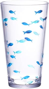KLIFA- CHARLESTON- 19 oz, Set of 6, Acrylic Fishing Highball, School of Fish Drinking Glasses, BPA-Free, Stackable Plastic Drinkware, Dishwasher Safe Cups, Dark and Light Blue Printing