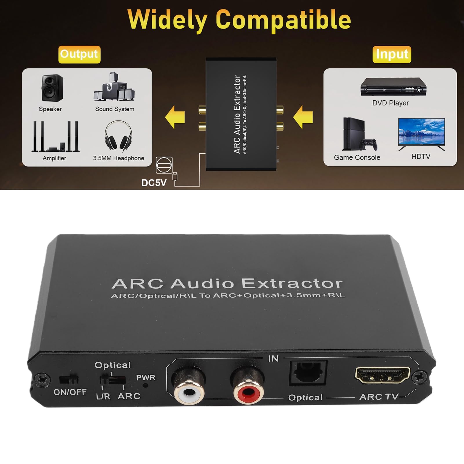 Estrattore Suono ARC 192KHz, Controllo Volume CEC, 4 Porte Uscita Simultanea, 5.1 Canali Ottici, Estrattore Suono ARC per TV Soundbar Home Theater