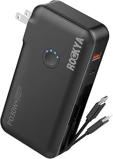 Portable Charger with AC Wall Plug and Built in Cables,PD 30W Fast Charging USB C Power Bank 16000mAh with 4 outputs,Travel Battery Pack Compatible with iPhone 16 15,MacBook,Pad,Samsung (Black)