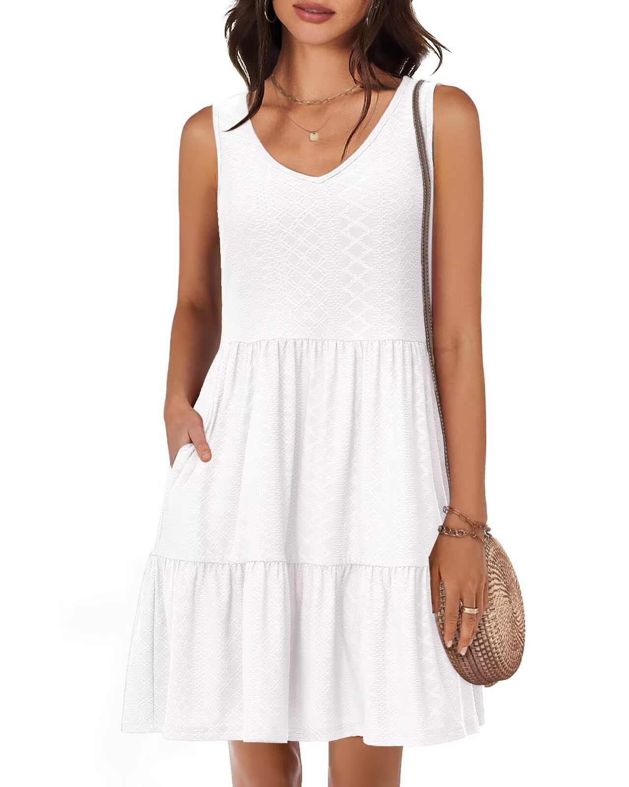Tanmolo Sommerkleid Damen Knielang,V-Ausschnitt Taschen | Kleid Damen Sommer Kurz, Strandkleid, ärmellos. Swing, elastisch, Knielang, Taschen, V-Ausschnitt. Urlaub