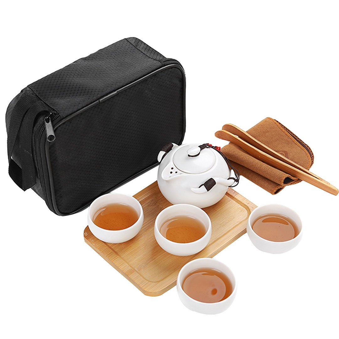 8 PCS Portable Travel Chinese Kungfu Porcelain Tea Set 1 Teapot & 4 Teacups & Bamboo Tea Tray & Tea Mat &Tea Clip & Storage Bag