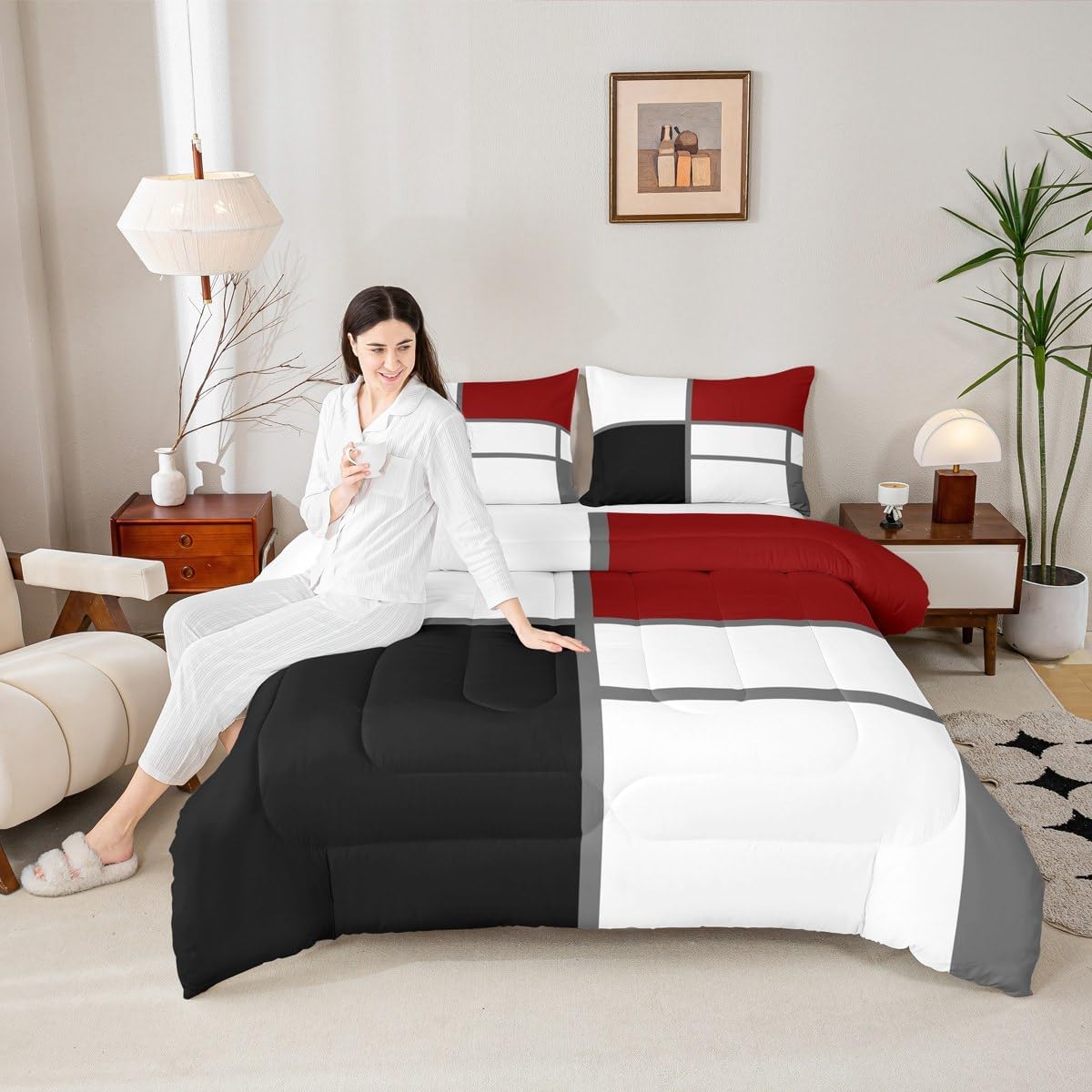 Erosebridal Geometric Abstract Queen Comforter Set for Adult Women Men Red and White Striped Bedding Set Square Grid Bed Set Modern Art Patchwork Quilt Set for Minimalist
