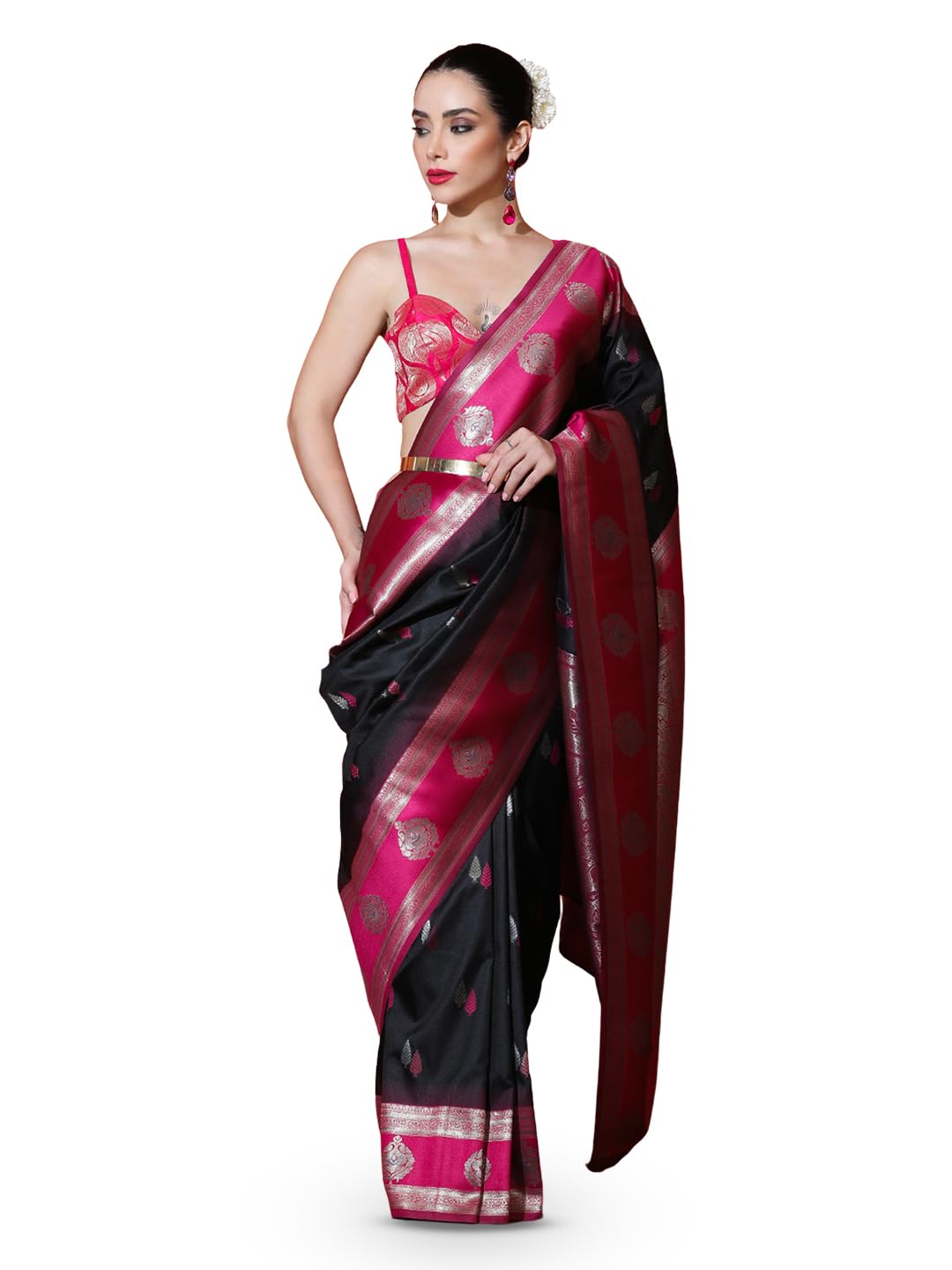 sarha Women's Silk Saree with Unstiched Blouse | Zari Leaf Motifs | Classic Ethnic Saree with Contrast Border-picture-20