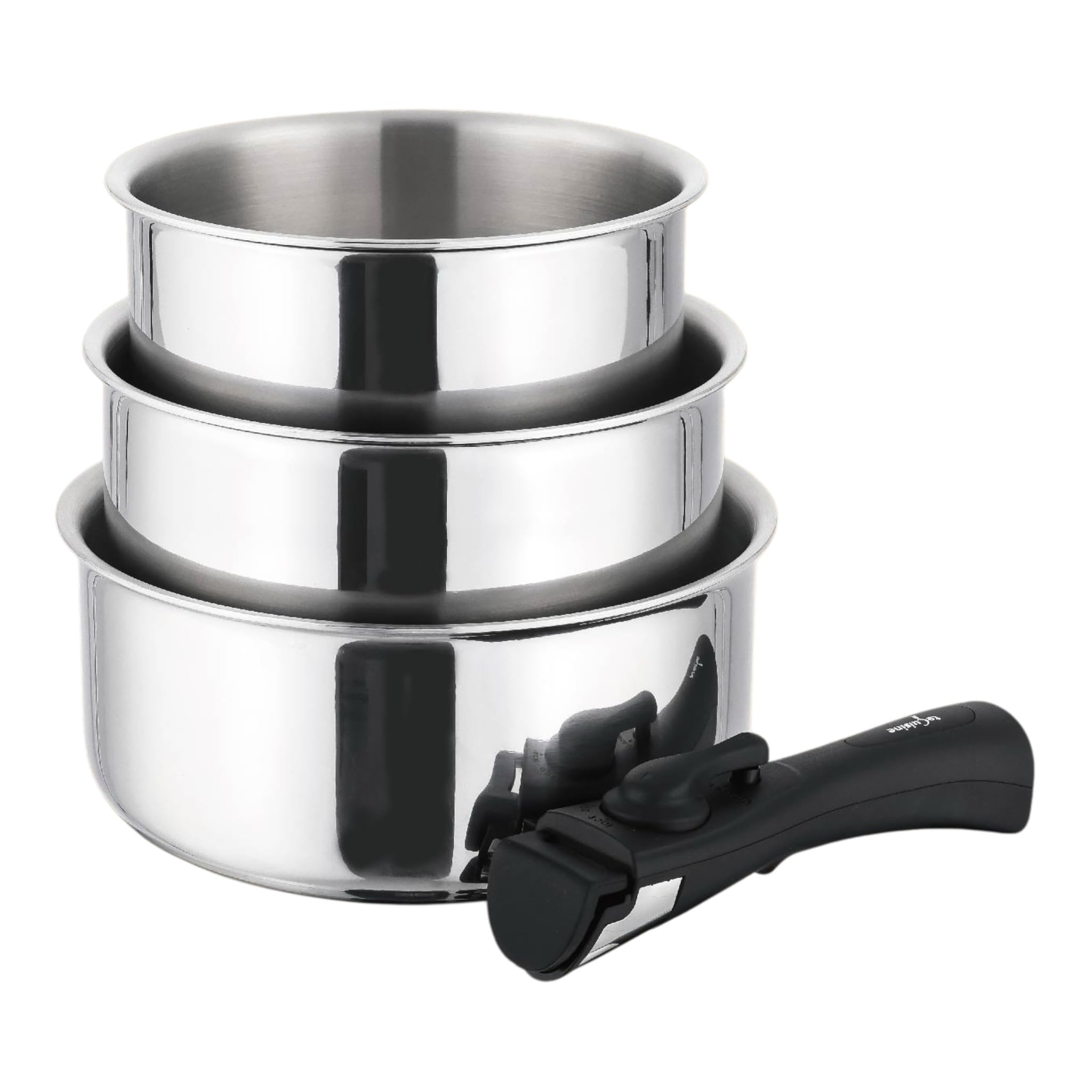 Set de 3 casseroles en inox 18/10 avec manche amovible-16/18/20cm-Sans PFAS/PTFE/PFOA – Empilables, gain de place, tous feux dont induction – Passe au four (sans poignée) et au lave-vaisselle