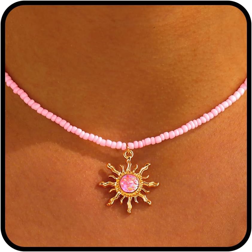 Boho beaded necklace with crystal opal and sun pendant