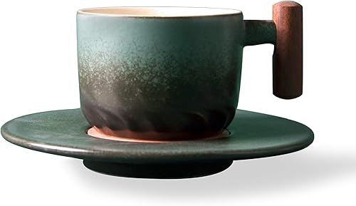 Taza de café expreso de cerámica de 6 oz y platillo de porcelana con mango de madera Taza de capuchino Taza Demitasse (verde)