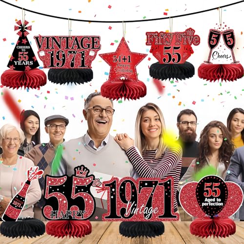 Image of 9Pcs 55th Birthday Decorations Red and Black 55th Birthday Party Decorations for Women,Happy 55 Years Vintage 1971 Aged Honeycomb Centerpieces Table Sign Decor Supplies