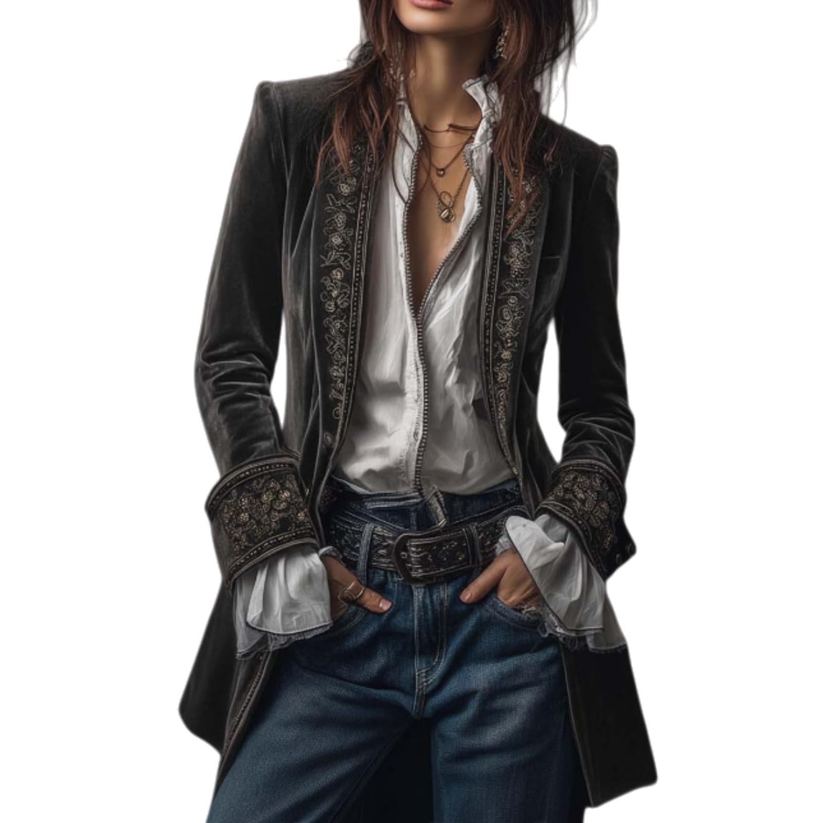 Velvet Jacket Women Vintage Embroidered Long Sleeve Tops Retro Open Front Cardigan Lightweight Slim-Fit Outerwear