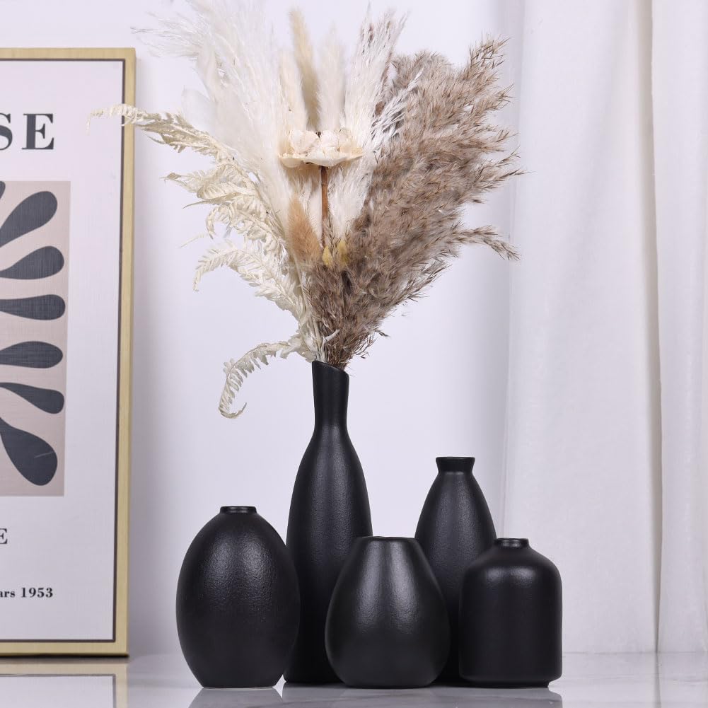 Set di 5 Vasi in Ceramica Nera, Decorazione per Casale, Camino, Mantello e Mensola, per Soggiorno, Ingresso, Bagno, Cucina e Ufficio, Tavolino