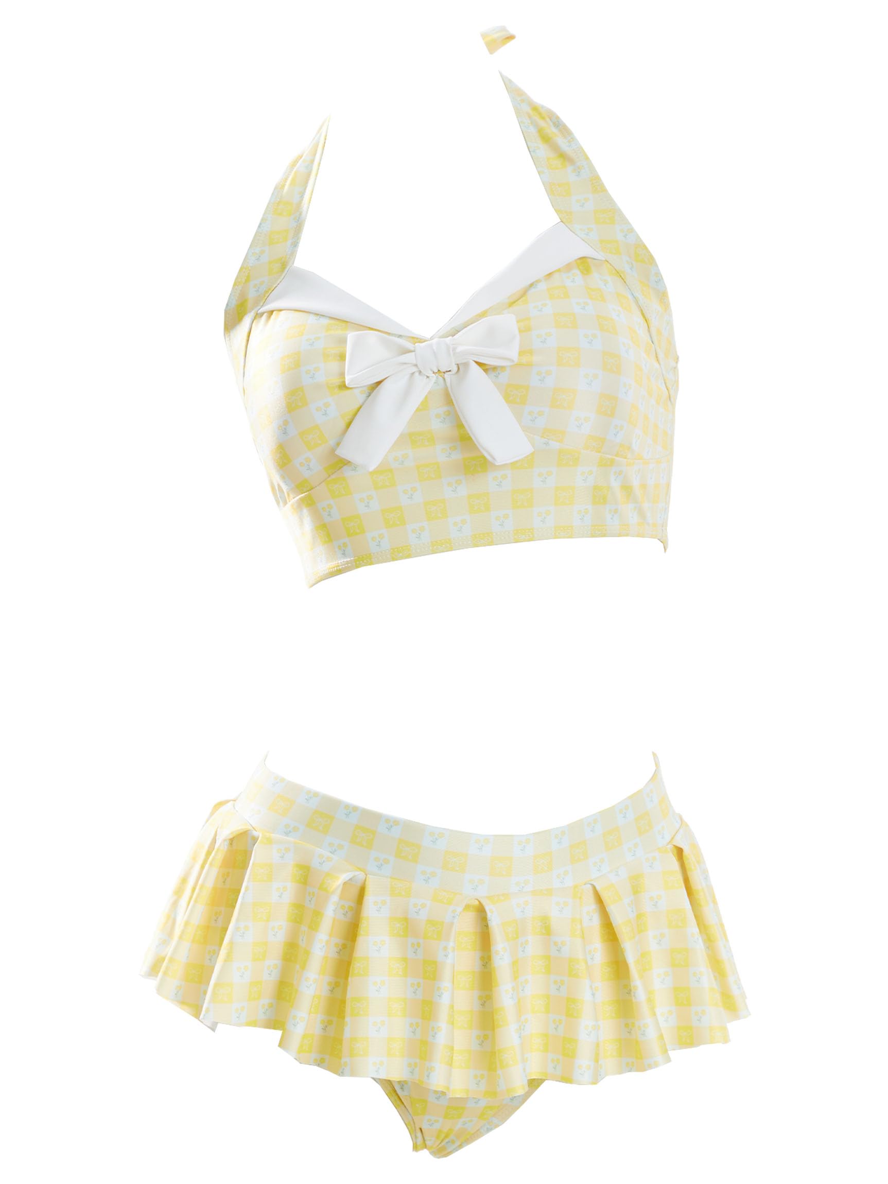 daizbella Women's Bikini Sets 50's Retro Vintage High Waist Plaid Self-Halter Bathing Suit with Headband: Yellow X-Large