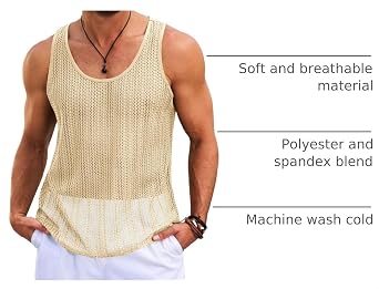 Runcati Mens Sleeveless Tank Tops Knitted Casual Hollow Out T-Shirts | See Through, Crochet Knit, Sexy, Mesh ,Muscle, Summer Beach, Hippie Shirts, Lightweight, Breathable
