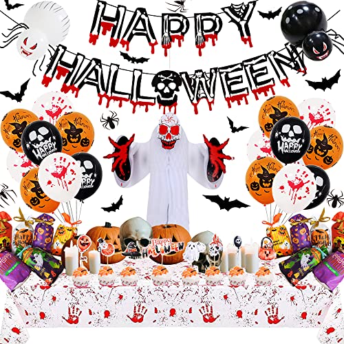 QICI Halloween Scary Party Decorations Halloween Decorations for Kids Happy Halloween Banner, Candy Bag, Ghost, Tablecloth, Cake Topper, Stickers, Balloons, Halloween Party Favor