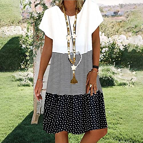 Boho Dresses for Women Trendy 2024 Casual Short Sleeve Summer Tshirt Dress Plus Size Color Block Swing Midi Sundress Dresses for Women 2024 Elegant Black L - Thumbnail 2